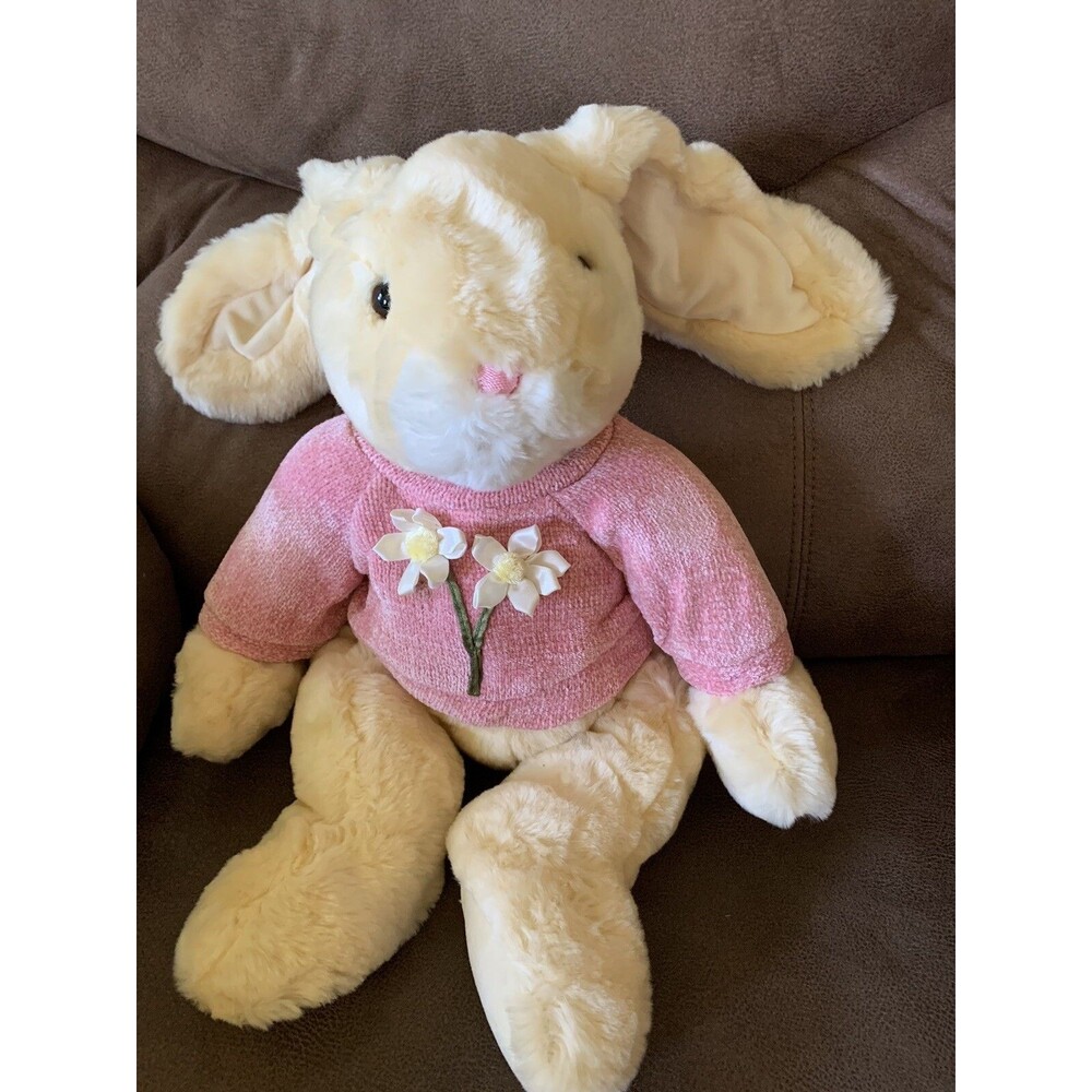 Commonwealth Plush Tan Rabbit Pink Chenille Sweater Stuffed Animal 1999 Vintage